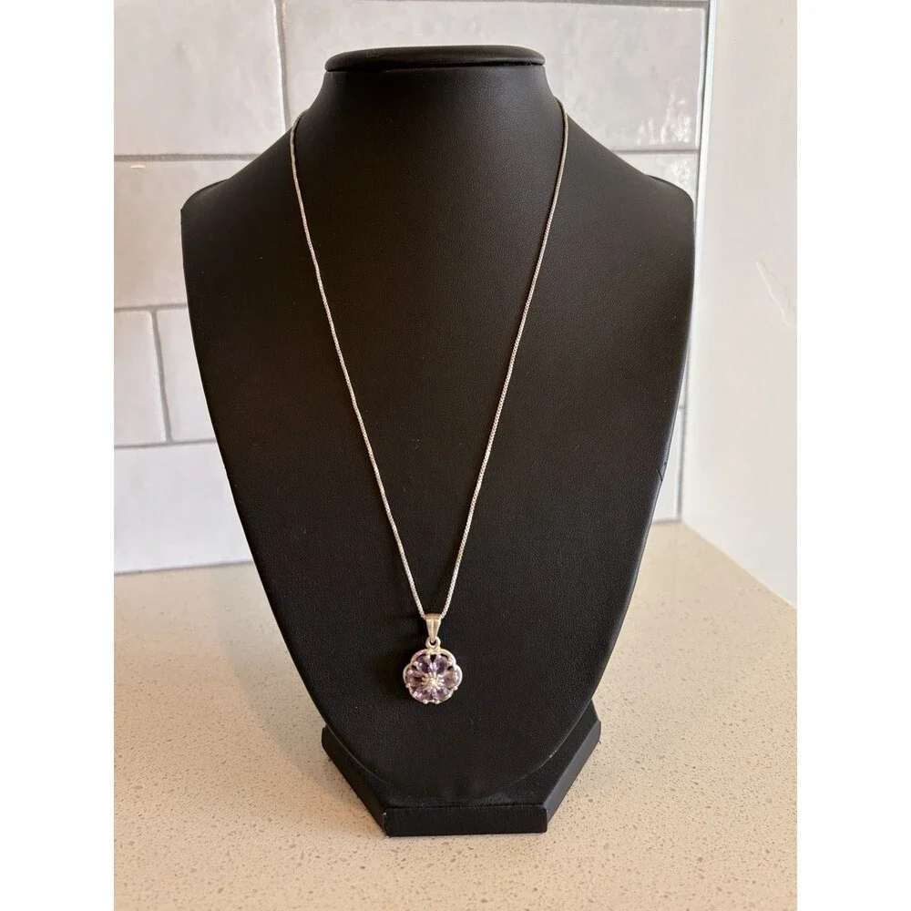 925 STERLING SILVER 1.80 CARAT PURPLE AMETHYST FLOWER PENDANT NECKLACE